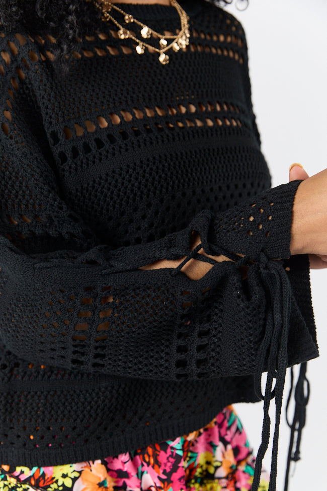 Easy Going Black Open Knit Boat Neck Sweater for Women - Lightweight Loose Fit Pullover Top for Casual Wear & Layering