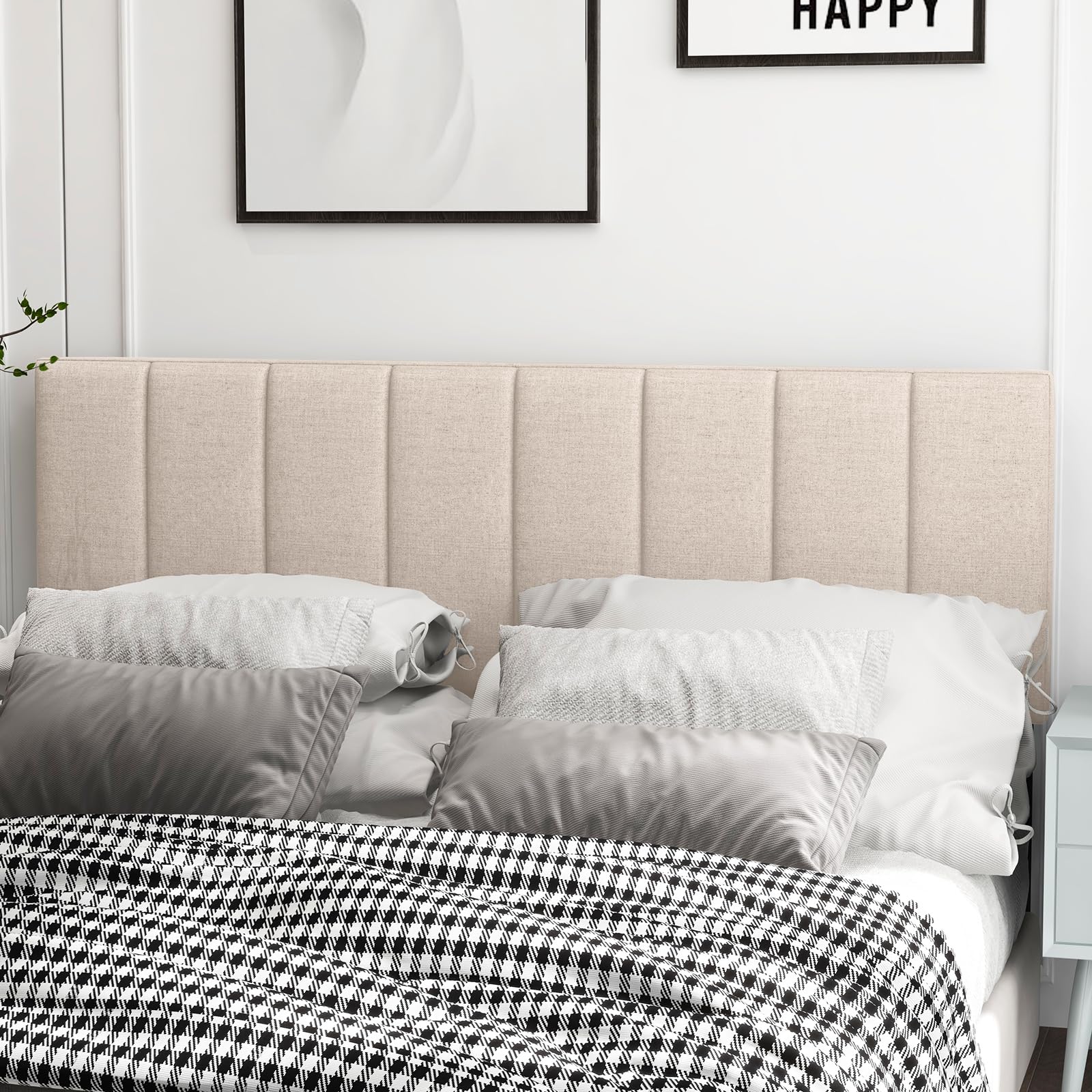 KOMFOTT Beige Linen Upholstered Headboard - Full & Queen Size Bed with Vertical Channel Tufting | Solid Wood Legs & Adjustable Width | Easy Assembly Padded Backboard | Perfect for Bedroom Makeover & Cozy Reading Nook
