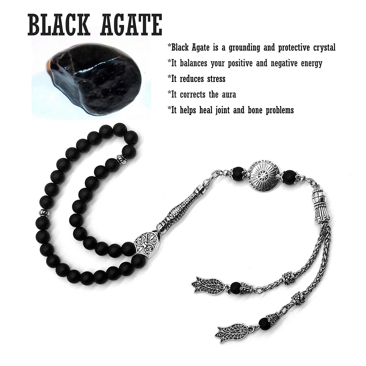 Stylish 8mm Black Matte Agate Prayer Beads - 33 Beads Tasbih, Misbaha, Rosary for Meditation, Stress Relief & Spiritual Practice | Perfect for Muslim, Christian Prayer & Worry Bead Therapy