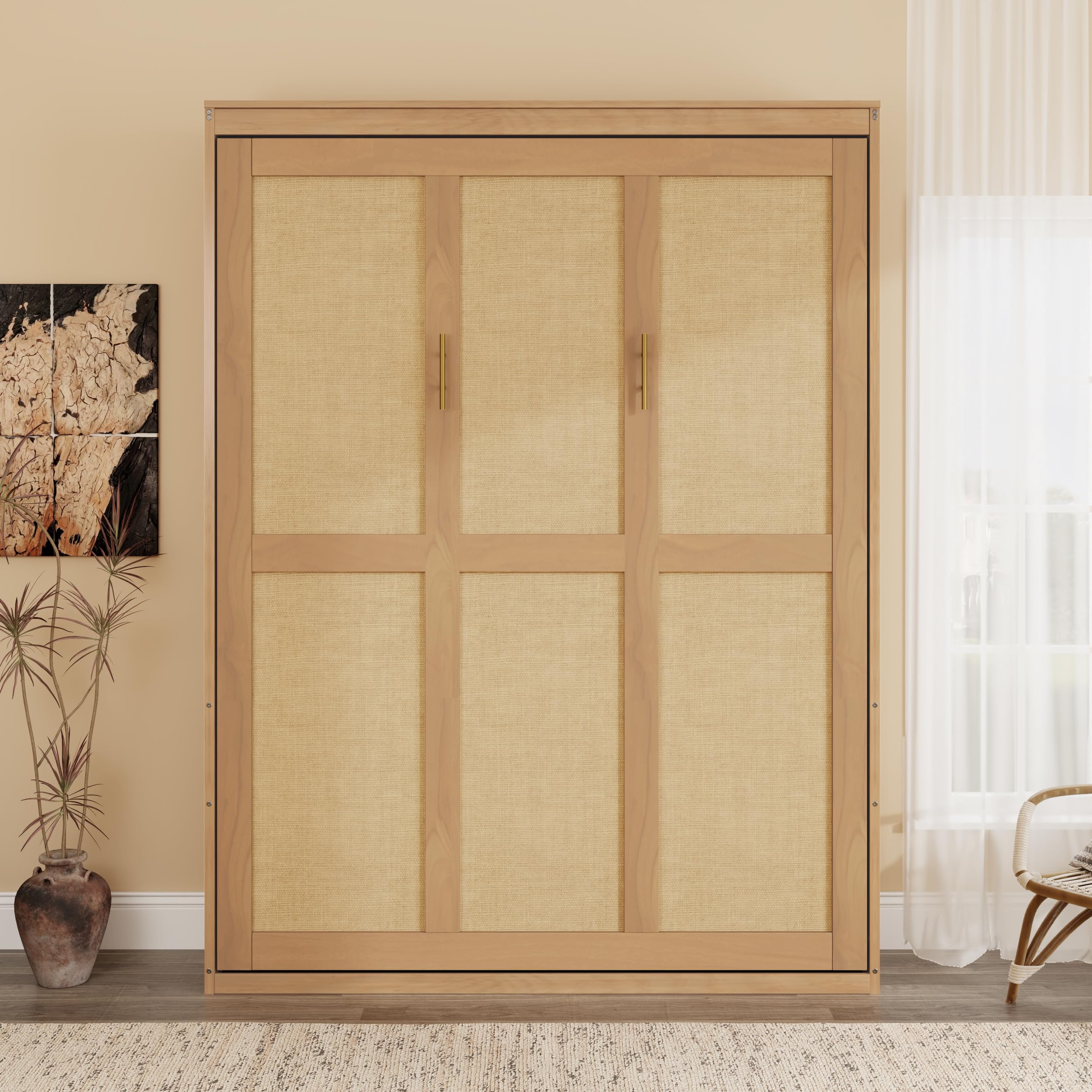 HABITRIO Full Size Murphy Bed with Solid Wood Frame and Rattan Cabinet - Space Saving Wall Bed for Guest Room, Home Office, or Small Apartments - Natural Finish