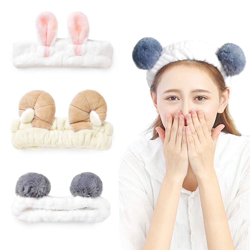 Cute Animal Ears Headbands with Fluffy Ball - Soft Coral Fleece Elastic Hair Band for Women - Pack of 3 - Perfect for Washing Face, Makeup, Skincare and Cosplay Costume Accessories