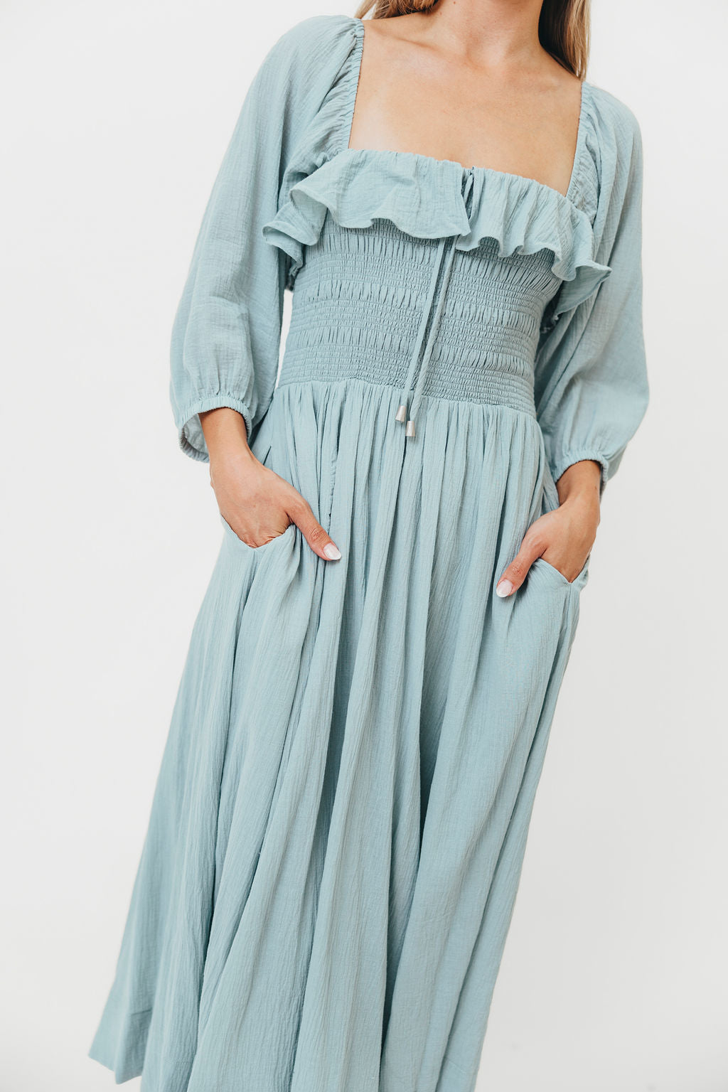 Miffy Ruffled Smocking Flowy Midi Dress in Mint Green - Perfect for Summer Weddings, Garden Parties & Casual Outings