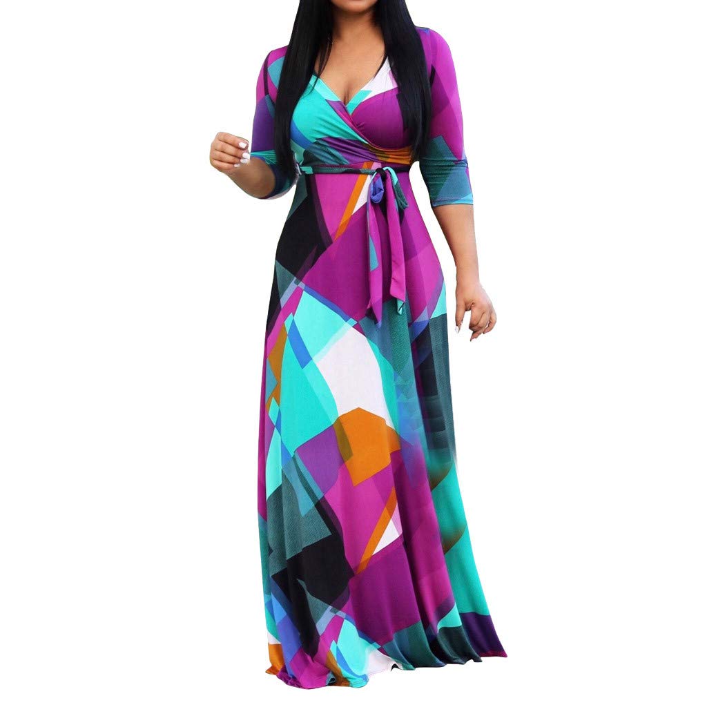 Boho Long Maxi Dress for Women - Tropical Floral Print Wrap Dress Plus Size Loose 3/4 Sleeve Hawaiian Summer Dress | Beach Vacation, Party, Wedding Guest Outfit