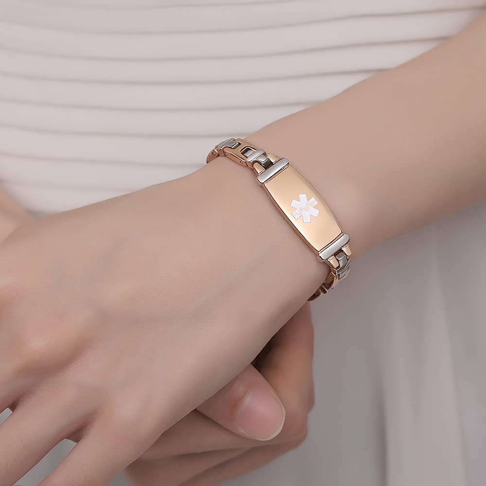 LinnaLove Medical Alert ID Bracelet for Women - Stainless Steel Emergency Medical Bracelet with Adjustable 7.5