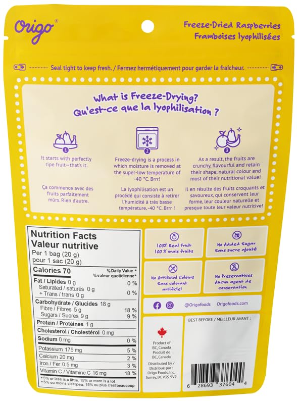 Freeze-Dried Raspberries Snack - 100% Natural Real Fruit, No Sugar Added, No Preservatives, Healthy Vegan Snacks, Product of Canada, 20g - Perfect for Lunchboxes, Hiking, and On-the-Go Nutrition