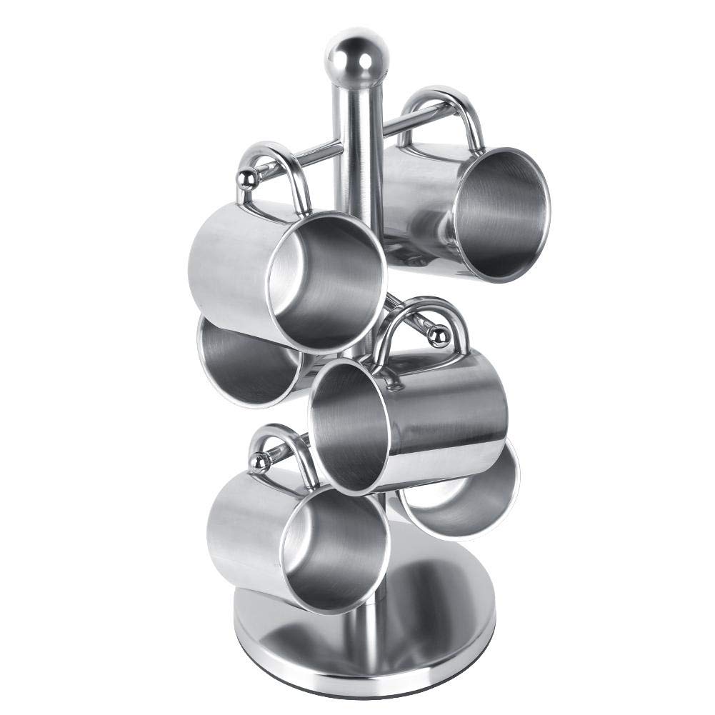 Premium Stainless Steel Coffee Mugs Set of 6 with Tree-Shaped Rack Holder - Durable Water Cups for Hot & Cold Drinks - Perfect for Kitchen, Dining Room, Bar, Office & Outdoor Use