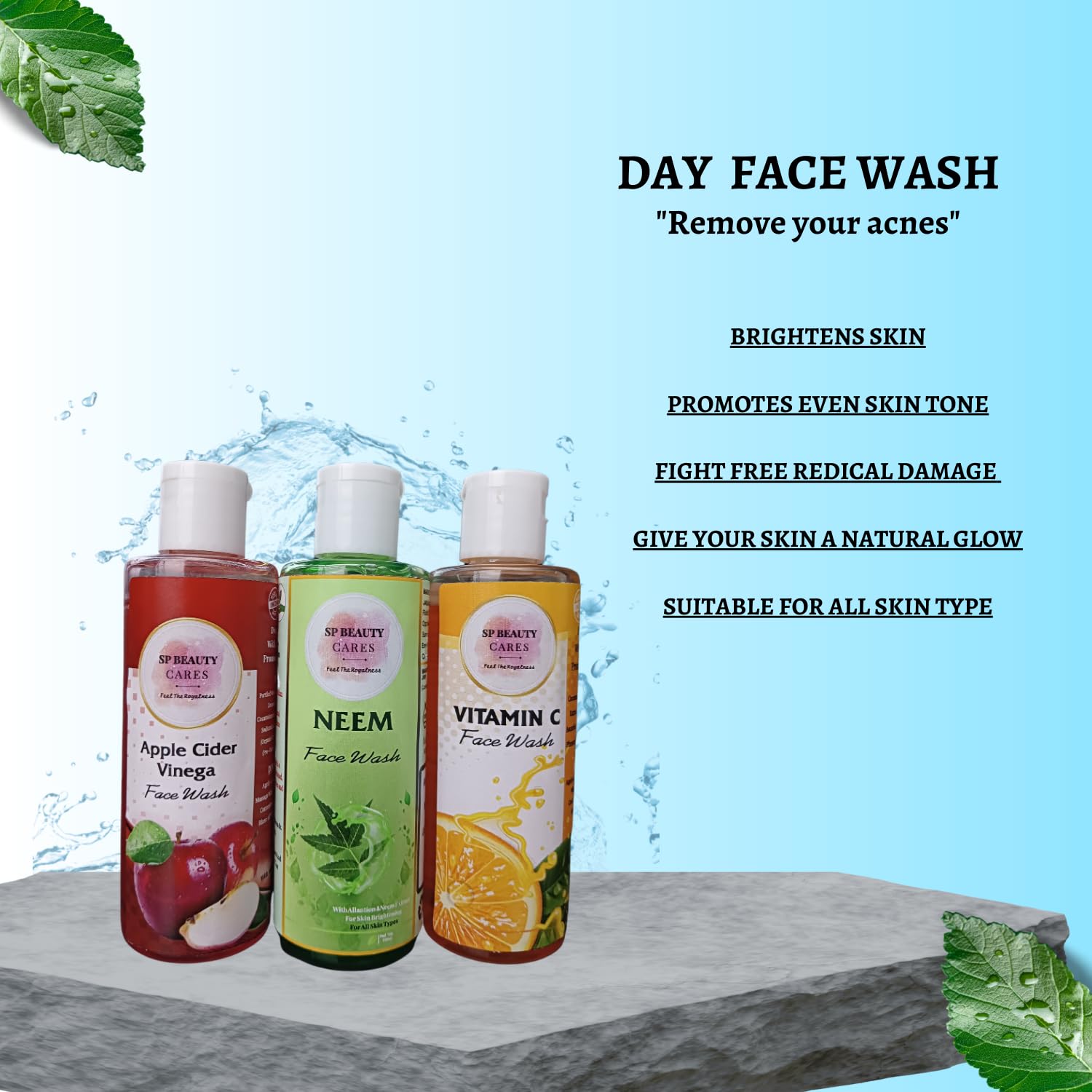 SP BEAUTY CARES Vitamin C, Apple & Neem Face Wash Combo Pack - 3X100ml for Pimple, Acne & Pore Clarifying - All Skin Types - Daily Cleansing & Brightening Skincare Routine