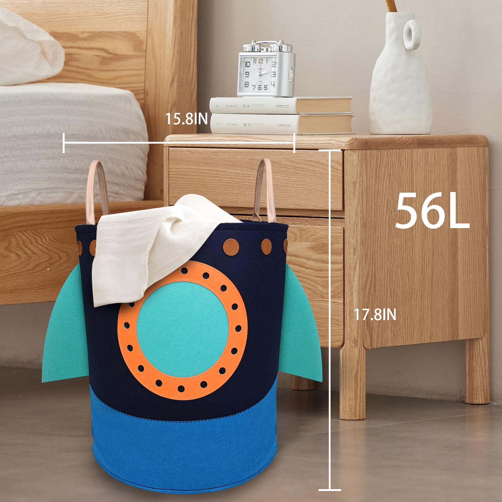 Large Kids Laundry Hamper Basket with Carry Handle - Rocket Design for Toy Storage, Baby Clothes & Bedroom Decor - Perfect for Boys & Girls Room Organization