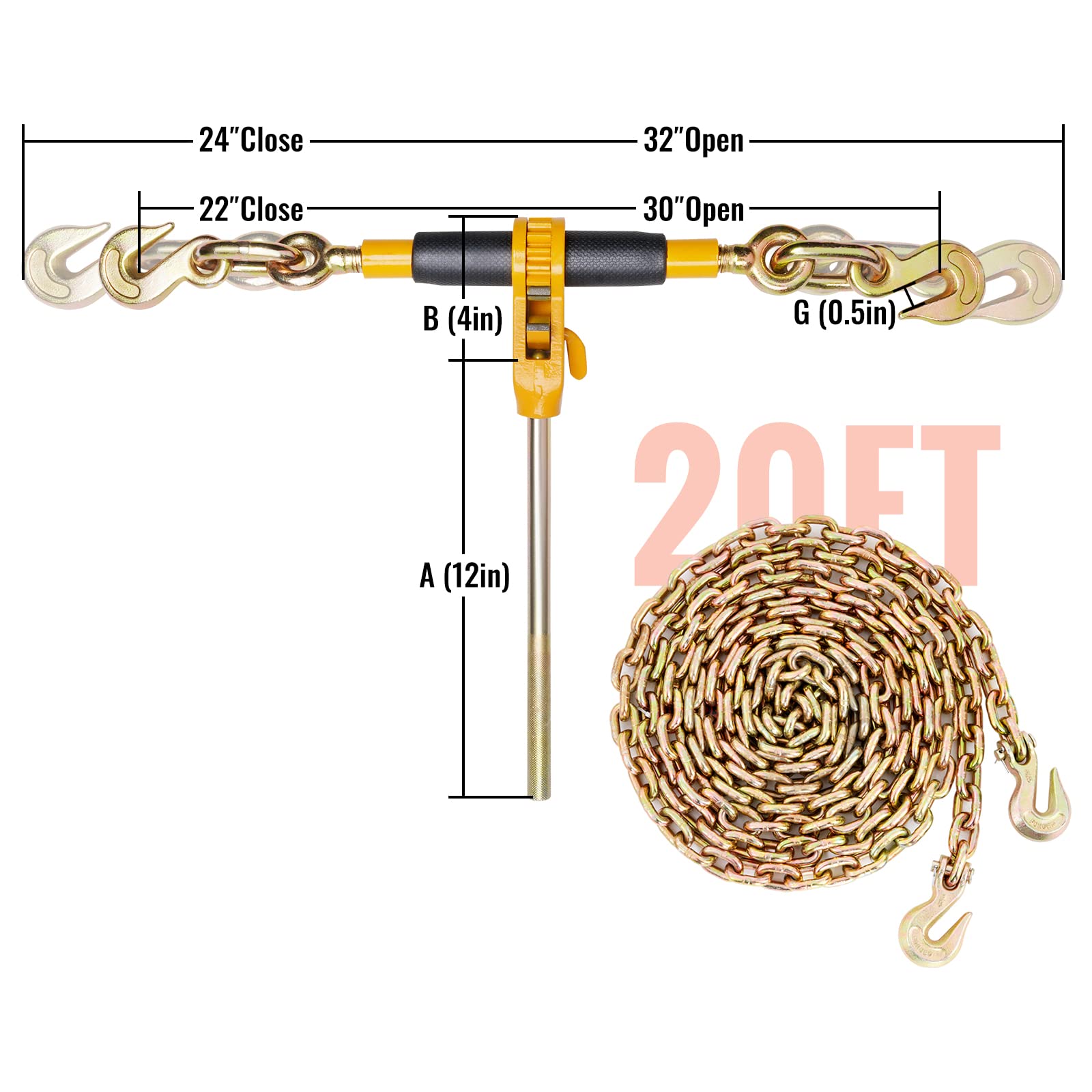 VEVOR Heavy Duty Ratchet Chain Binder 5/16-3/8 Inch with G80 Chain - 7100 lbs Load Capacity, Detachable Anti-Skid Handle - 2 Pack Black & Yellow - for Flatbed Trailers, Cargo Securing, Trucking & Transport - Great for Construction, Landscaping, Towing Equipment & DIY Projects