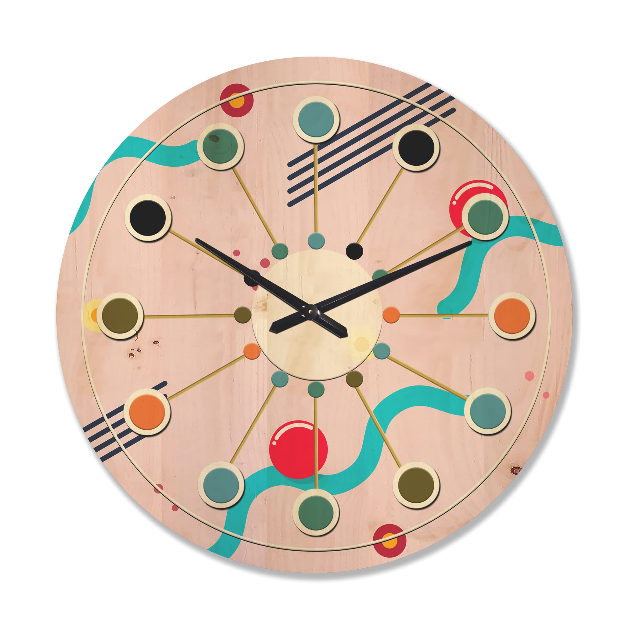 DesignQ 'Geometrical Abstract Retro Pattern III' Large Mid-Century Modern Wood Wall Clock - Oversized Decorative Wooden Clock for Living Room, Bedroom & Office Décor - Perfect for Vintage & Contemporary Home Interiors