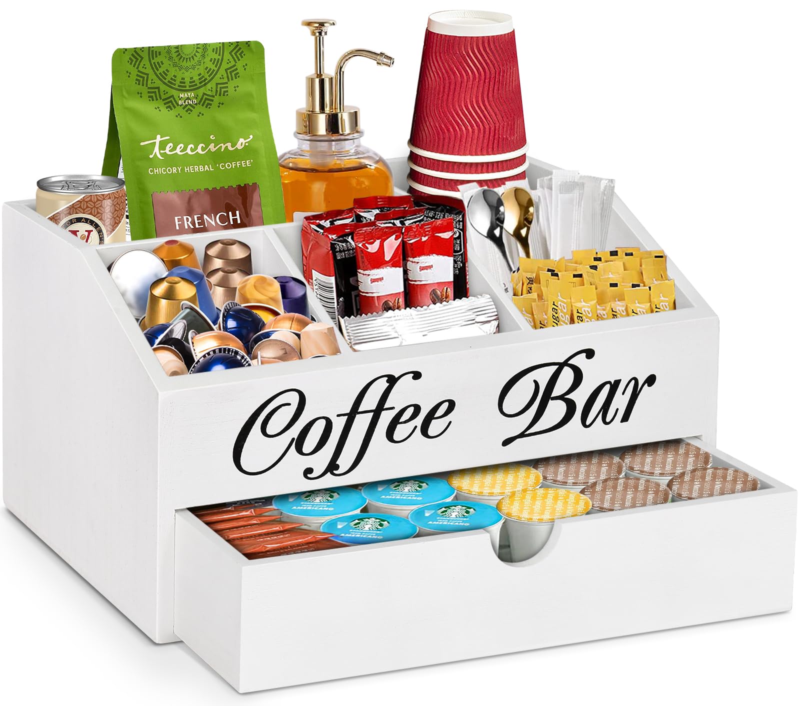 Wooden Coffee Bar Organizer with Drawer - Countertop Storage Basket for Coffee Pods, Tea & Condiments - Farmhouse Style Station Accessories | Perfect for Kitchen, Office & Home Decor