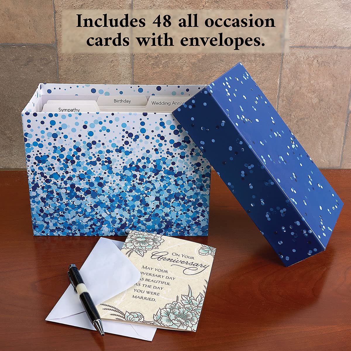 Blue Greeting Card Organizer Box with 48 All-Occasion Cards (5