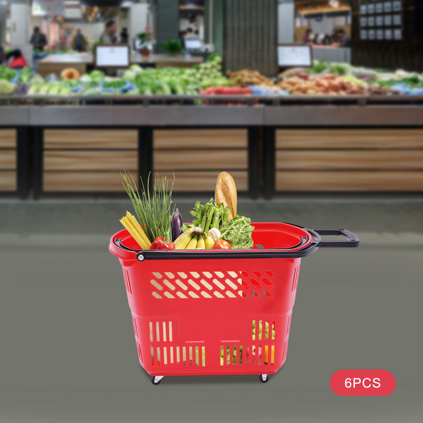Gdrasuya10 6-Pack 35L Rolling Shopping Baskets with Wheels & Handle - Durable Plastic Grocery Cart (Red) - Perfect for Supermarkets, Warehouse Stores & Home Organization