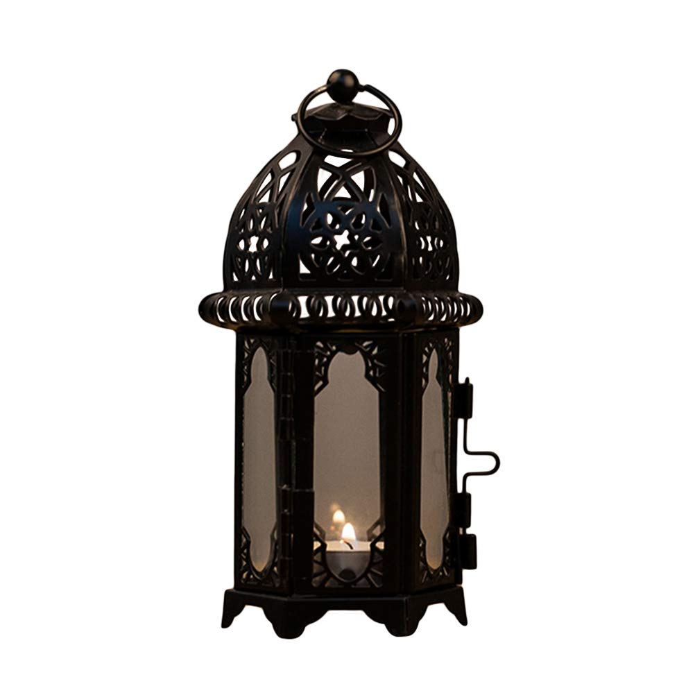 Vintage Moroccan Style Iron Candlestick Holder with Transparent Glass - Windproof Portable Candle Lantern for Home Decor, Wedding Centerpiece, Outdoor Dining & Romantic Ambiance (Black)