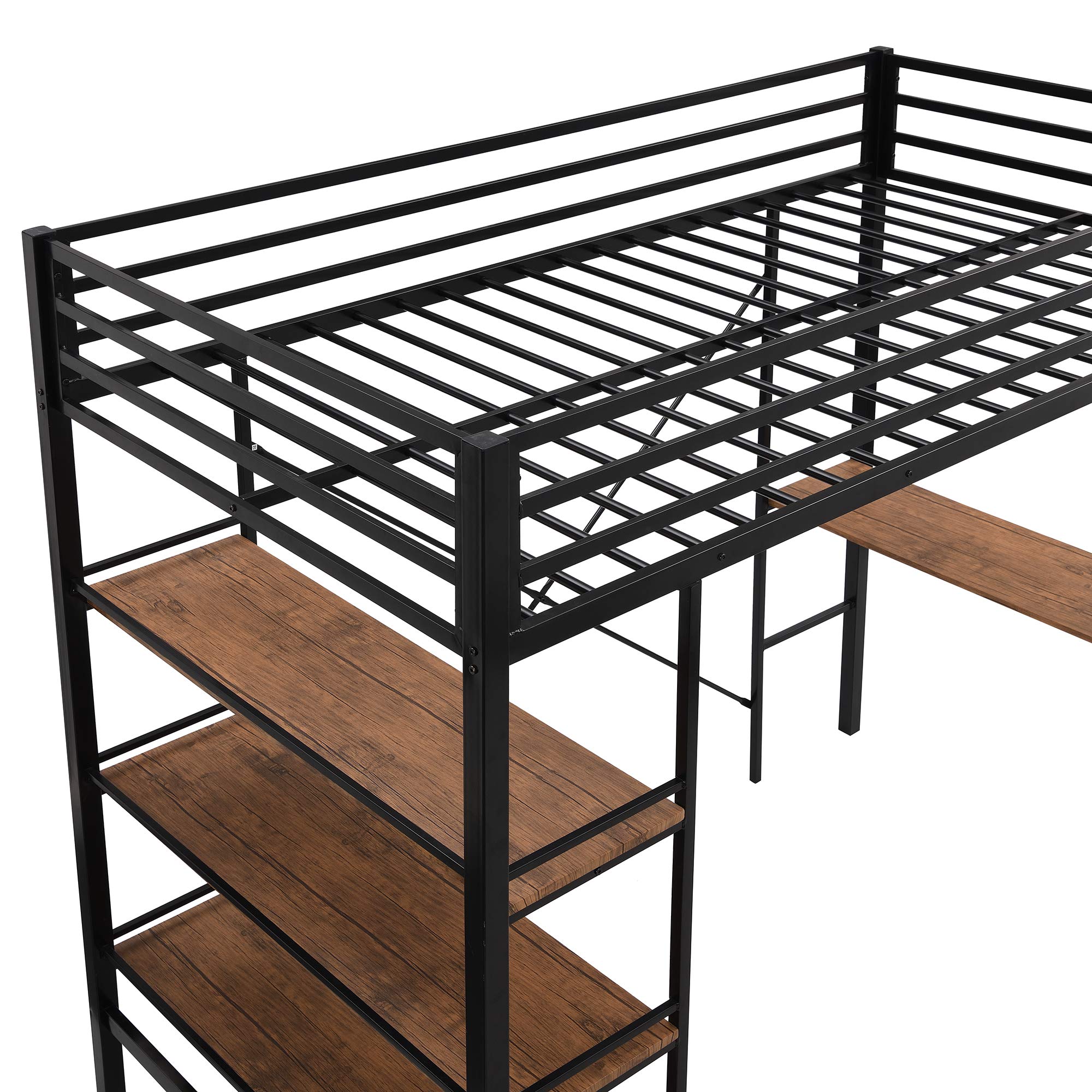 Metal Twin Loft Bed with Storage Shelf & Desk - Full-Length Guardrail, Space-Saving Design - No Box Spring Needed - Perfect for Kids Rooms, Dorms & Small Apartments