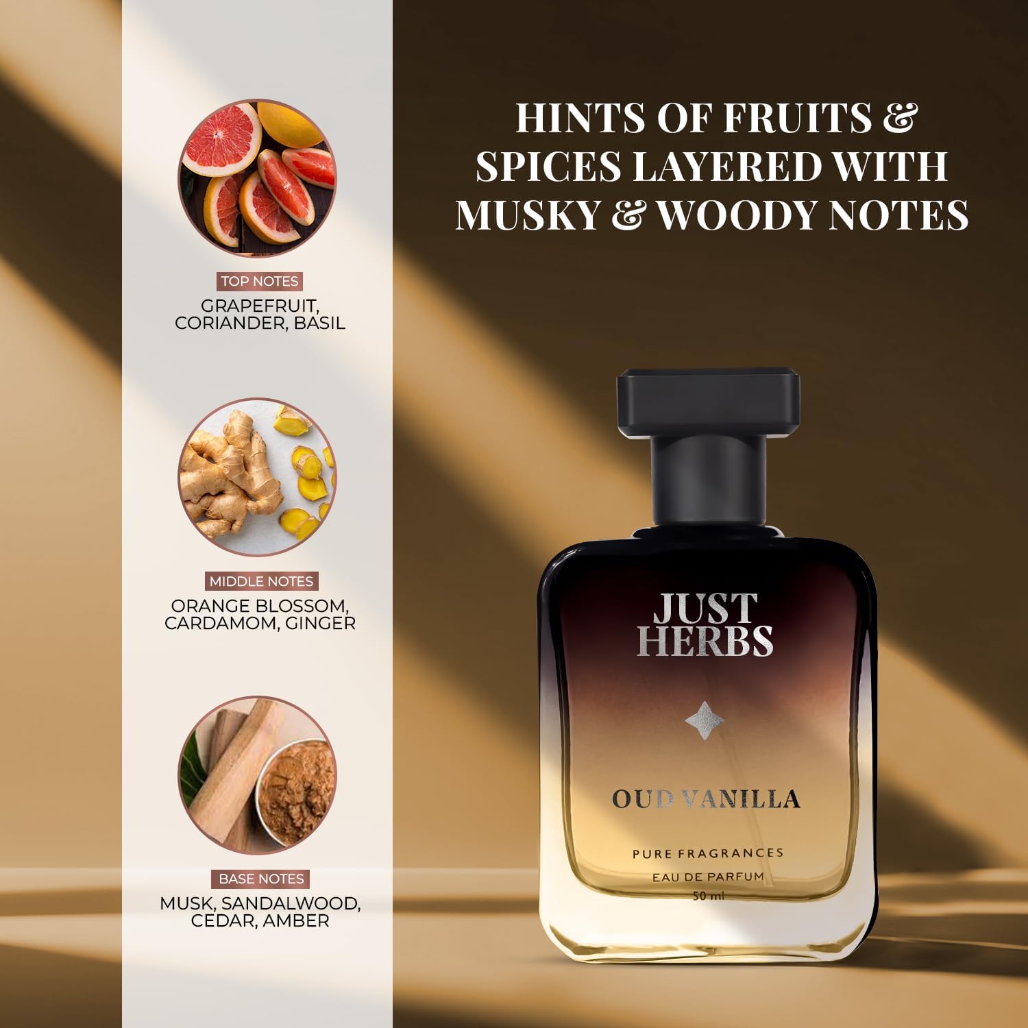 Just Herbs Intense Oud Vanilla EDP Perfume for Men - Long Lasting Fragrance, 50ml | Premium Vanilla & Oud Scent for Date Night, Office & Special Occasions