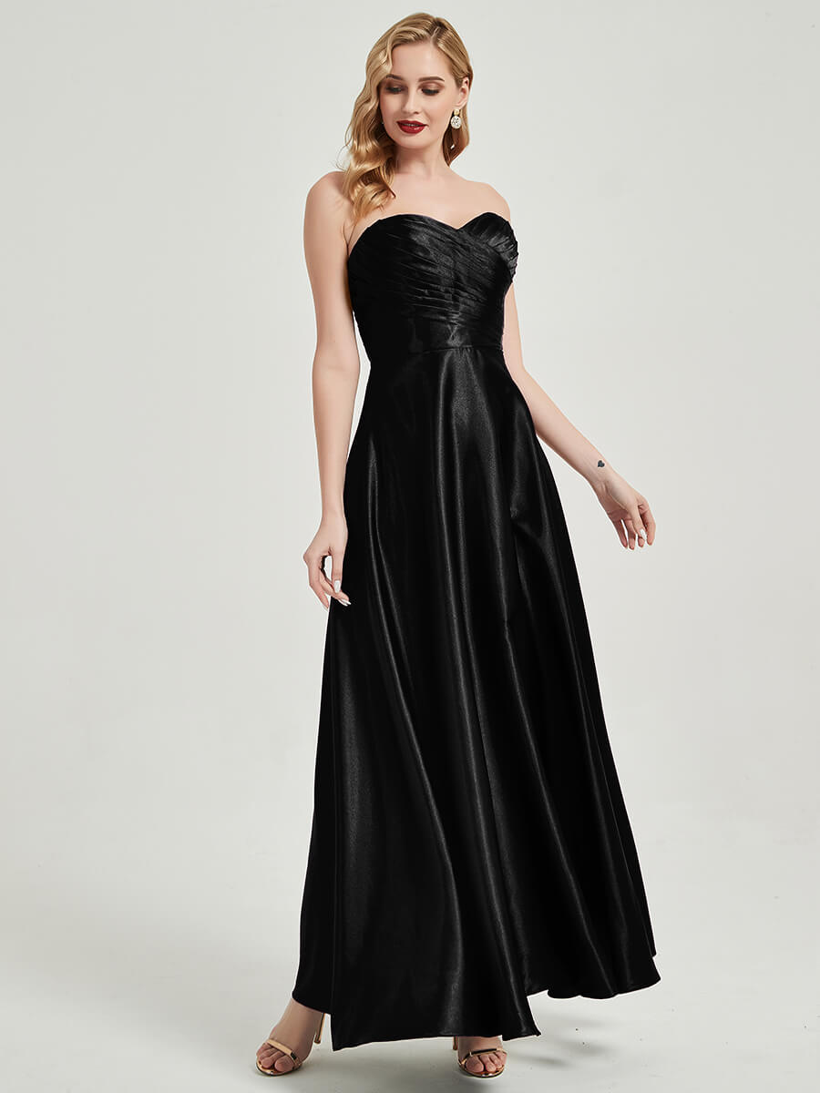 Elegant Black Satin Sweetheart Strapless Floor-Length Pleated Bridesmaid Dress - Perfect for Weddings, Formal Events & Evening Parties