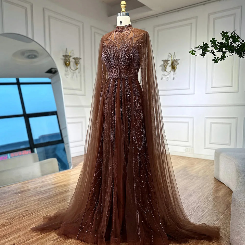 Luxury Brown Beaded Evening Gown with Cape - Arabic Style Formal Dress LA72951 for Wedding, Gala & Special Occasions