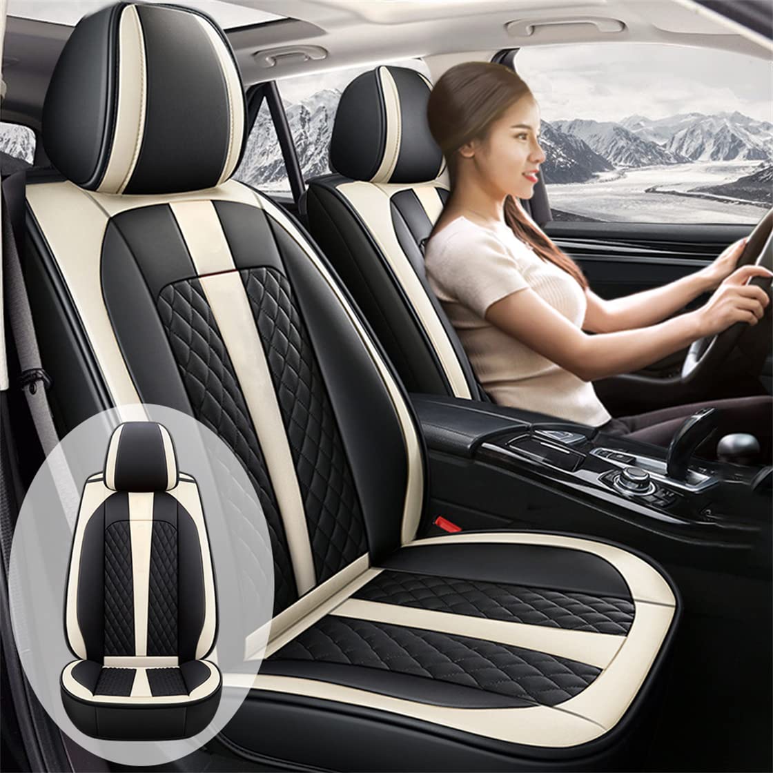 Rasiarpio Faux Leather Car Seat Covers Set for Chevrolet Trailblazer 2002-2009 & 2020-2021 Models - Front & Rear Seat Protectors (Black/Beige) | Durable Auto Cushions for Comfort & Vehicle Interior Protection | Perfect for Daily Commute, Road Trips & Family Travel