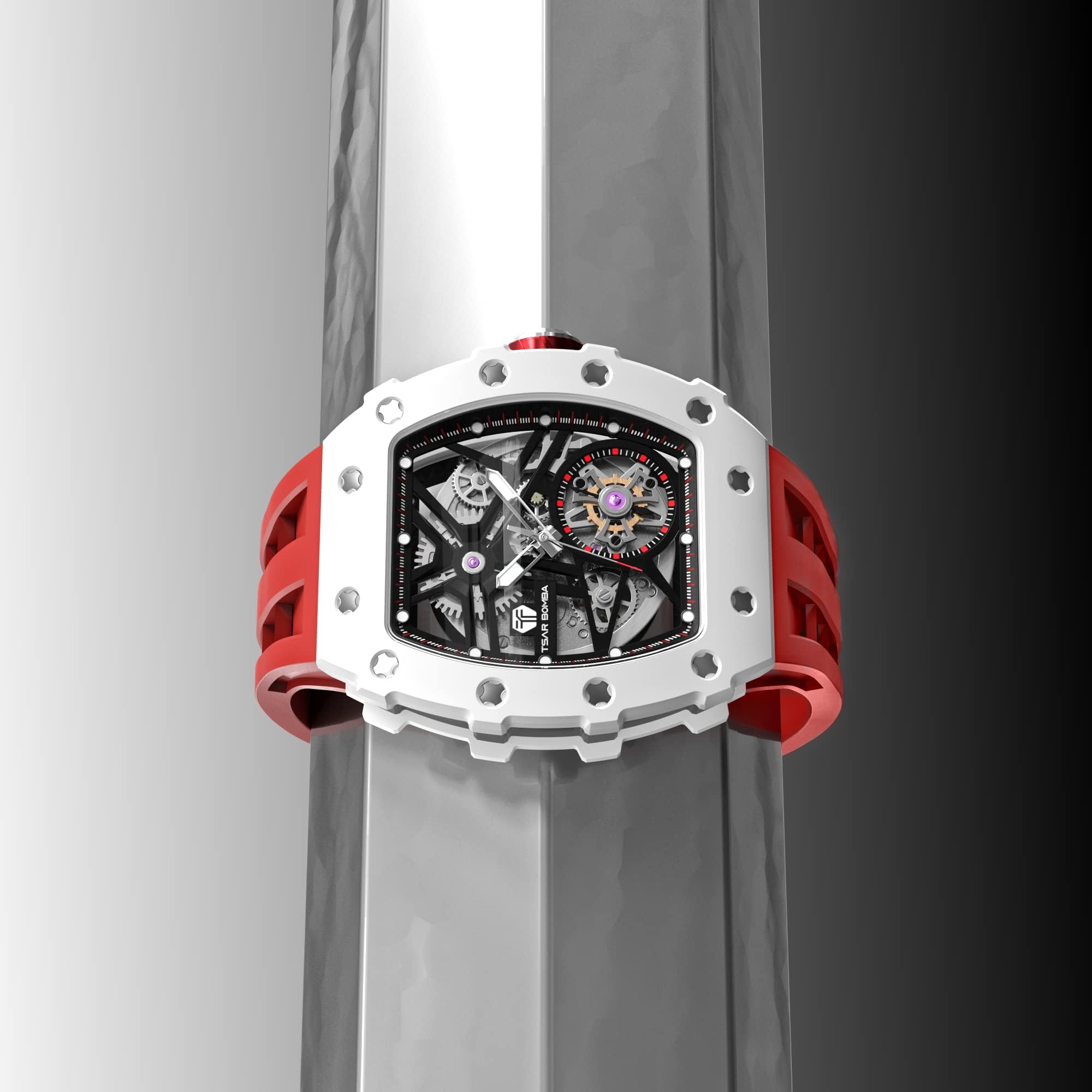 TSAR BOMBA Men's Automatic Watch - Luxury Skeleton Tonneau Design, 50M Waterproof, Silver Square Big Face with Silicone Strap - Perfect for Business, Formal Events & Everyday Wear