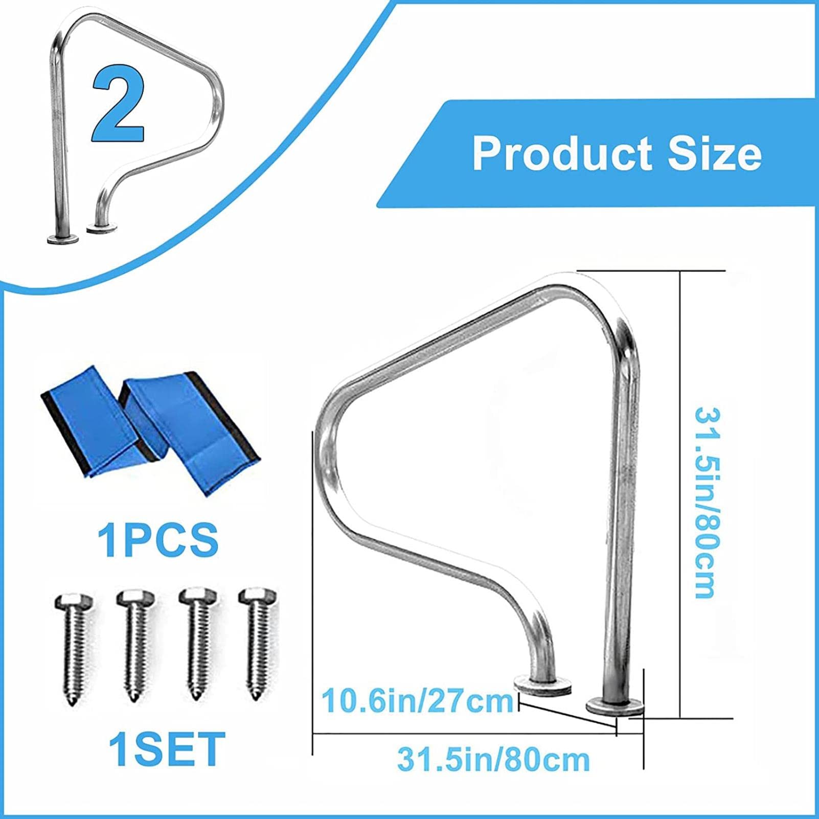 Stainless Steel Swimming Pool Handrails with Flange - Quick Installation Base Safety Railings (80CM) for Inground Pool Entrance - Durable & Rustproof Pool Ladder Handrail for Elderly & Kids Safety at Poolside