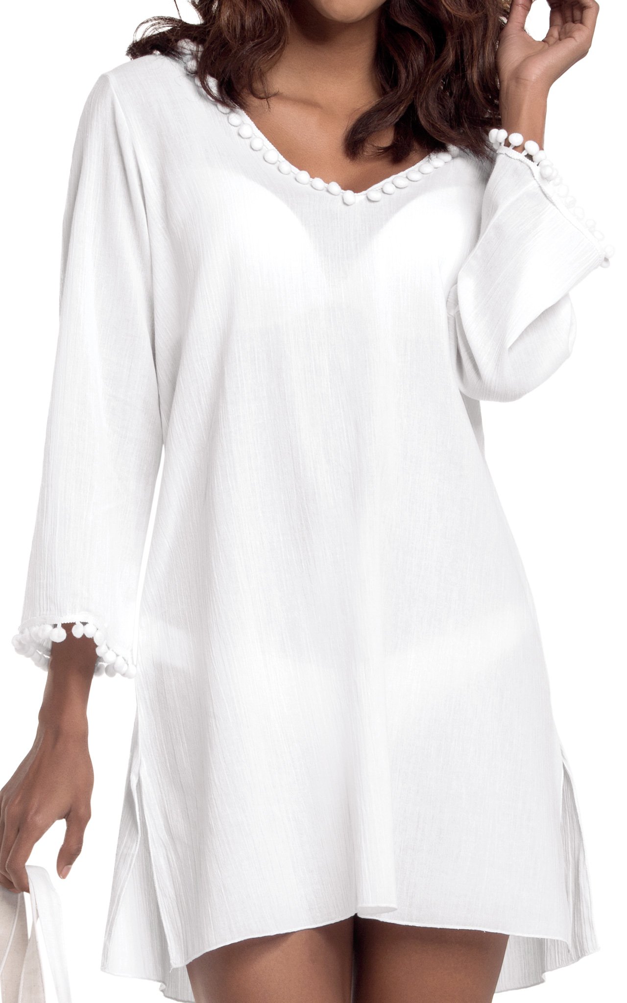 J & Ce Women's Long Sleeve Hooded Cotton Beach Cover-Up - Lightweight Sun Protection Swimwear Cover Dress for Summer Vacation, Pool Party & Beach Outing (White, XL)