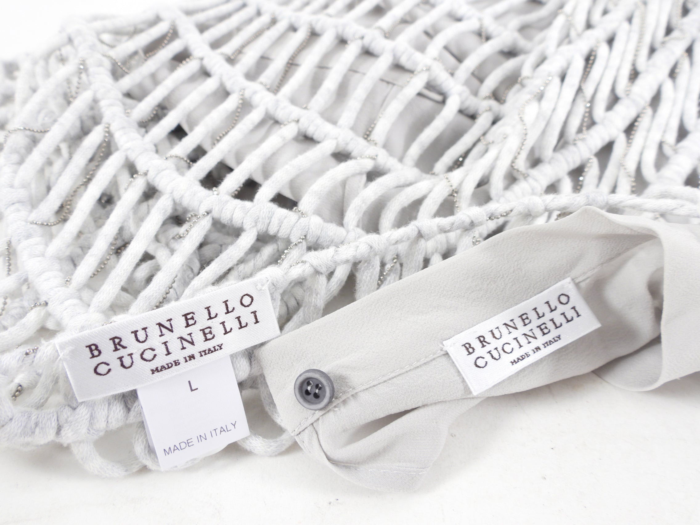Brunello Cucinelli Dove Grey Caged Knit Chain Top Women's Size L (8/10) - Elegant Casual Wear for Office & Evening Outfits
