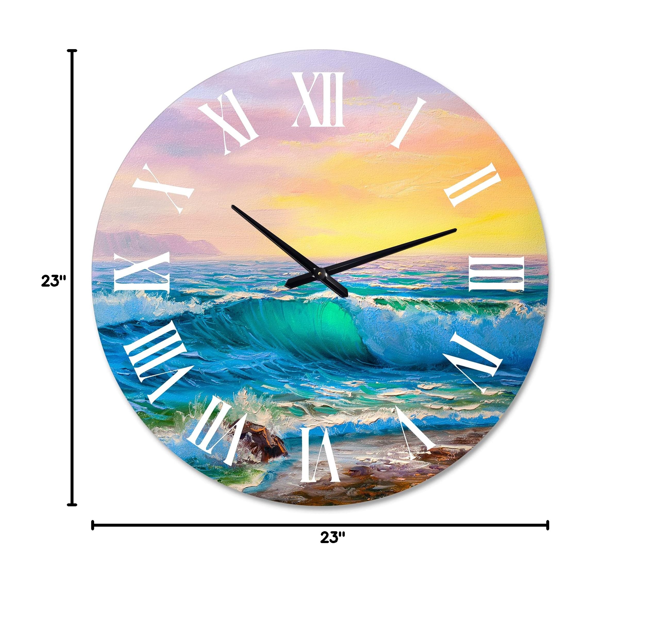 DesignQ Nautical Coastal Wall Clock - Blue Waves Beach Round Clock for Bedroom, Living Room & Office Decor | Perfect for Coastal, Beach House & Boho Home Decor
