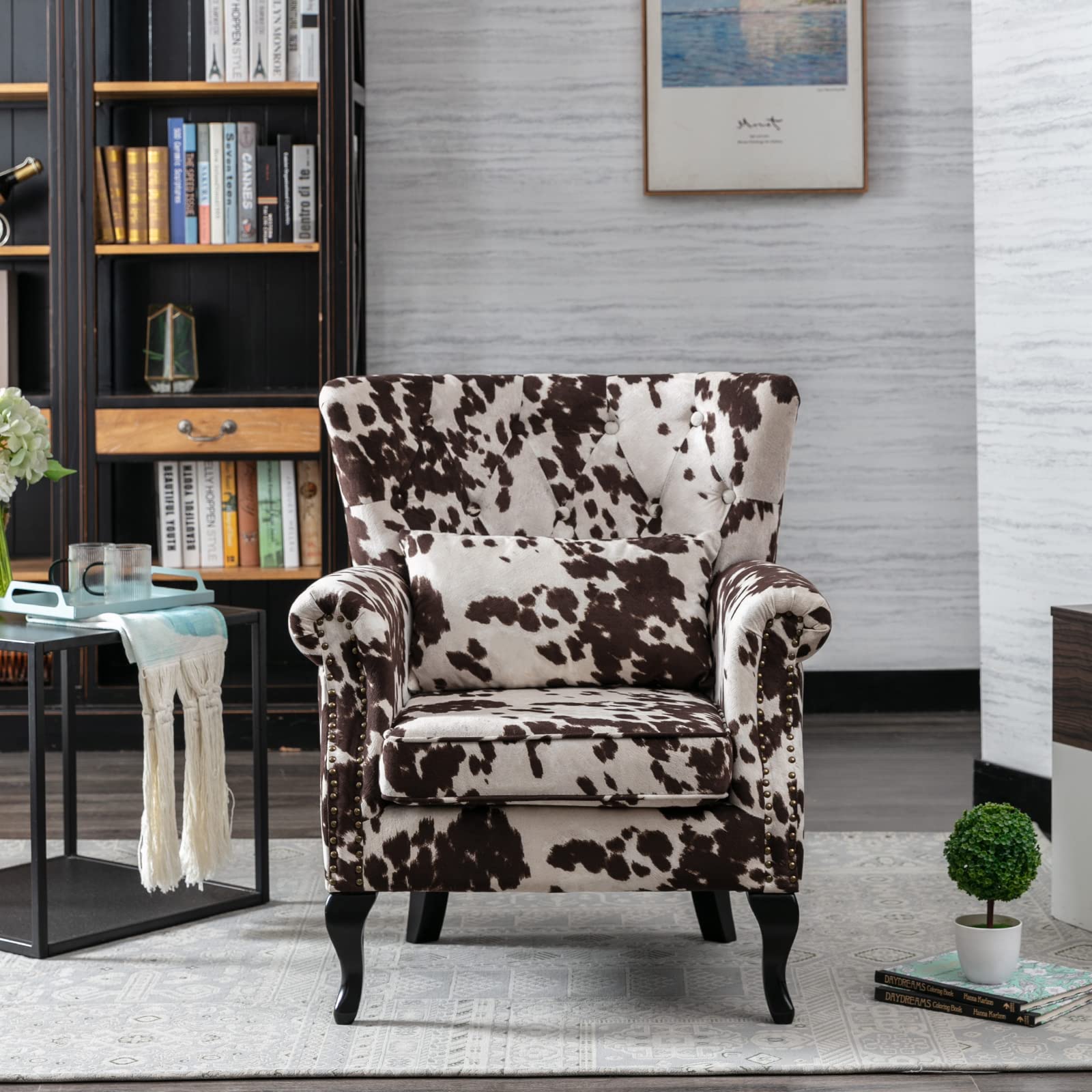 Mid-Century Modern Accent Reading Armchair - Tufted Wingback Club Chair with Lumbar Pillow for Living Room & Bedroom - Cozy Fabric Upholstered Lounge Chair for Reading Nook, Office Waiting Room or Relaxing Corner