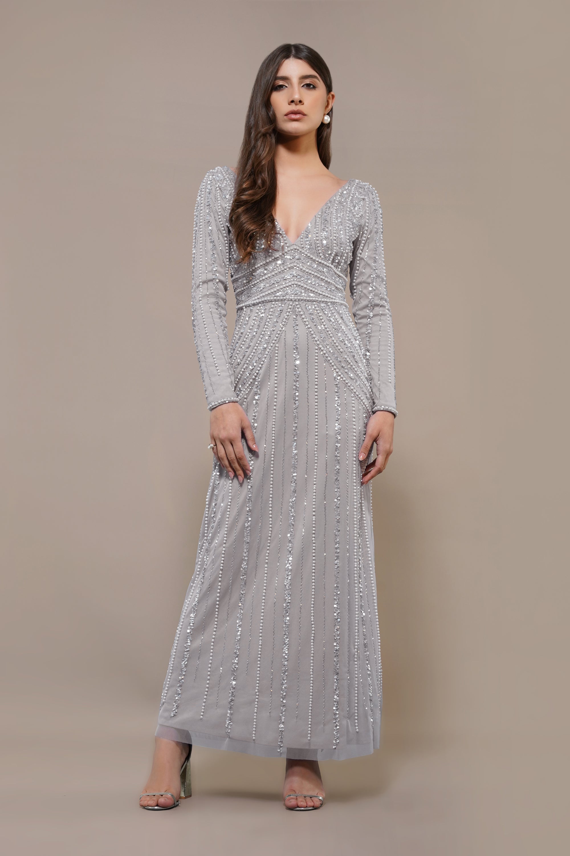 Elegant Light Grey Cordelia Embellished Maxi Dress for Women | Formal Evening Gown with Floral Details | Perfect for Weddings, Parties & Special Occasions