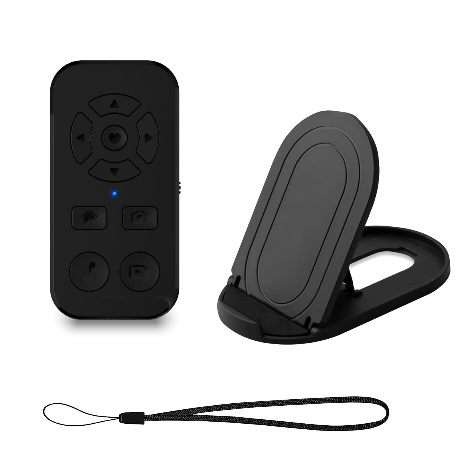Bluetooth Remote Control for iPhone & Android - TikTok Scroller, Kindle Page Turner, Photo/Video Clicker with Phone Stand & Hand Strap (Black) - Perfect for Social Media, Reading & Presentations