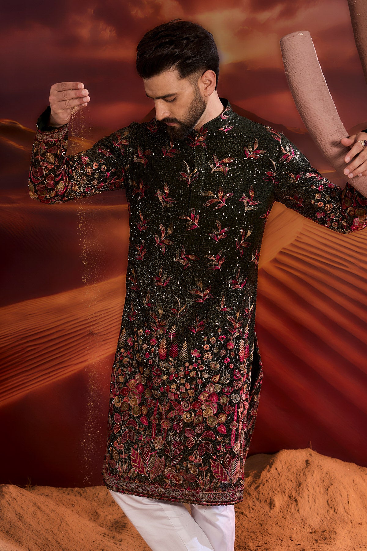 Exquisite Mehndi Green Sequined Kurta with Intricate Floral Embroidery - Elegant Indian Party Wear for Women's Festivals & Special Occasions