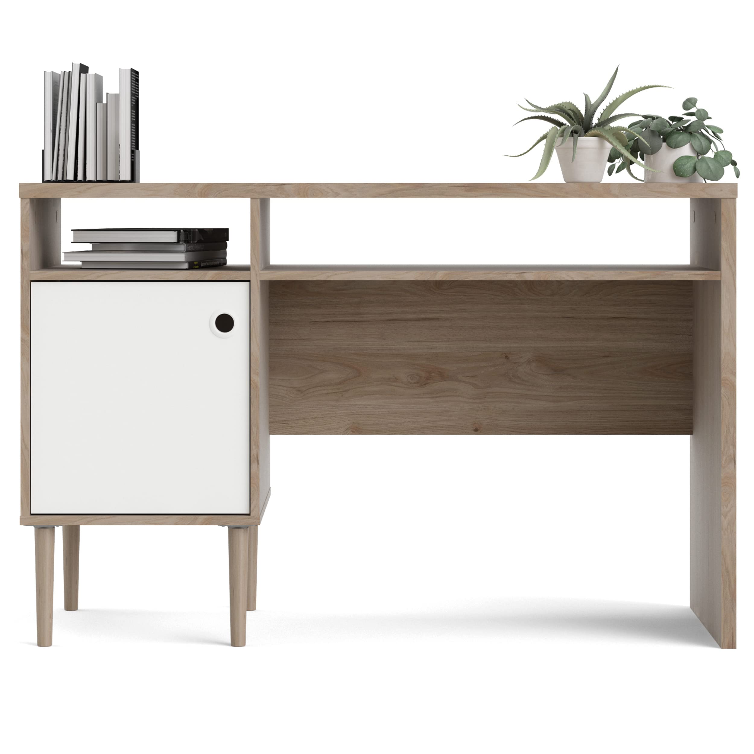 Tvilum Jackson 1-Door 2-Shelf Writing Desk in Hickory/White Matte Finish - Perfect for Home Office, Study Room, or Dormitory Workspace