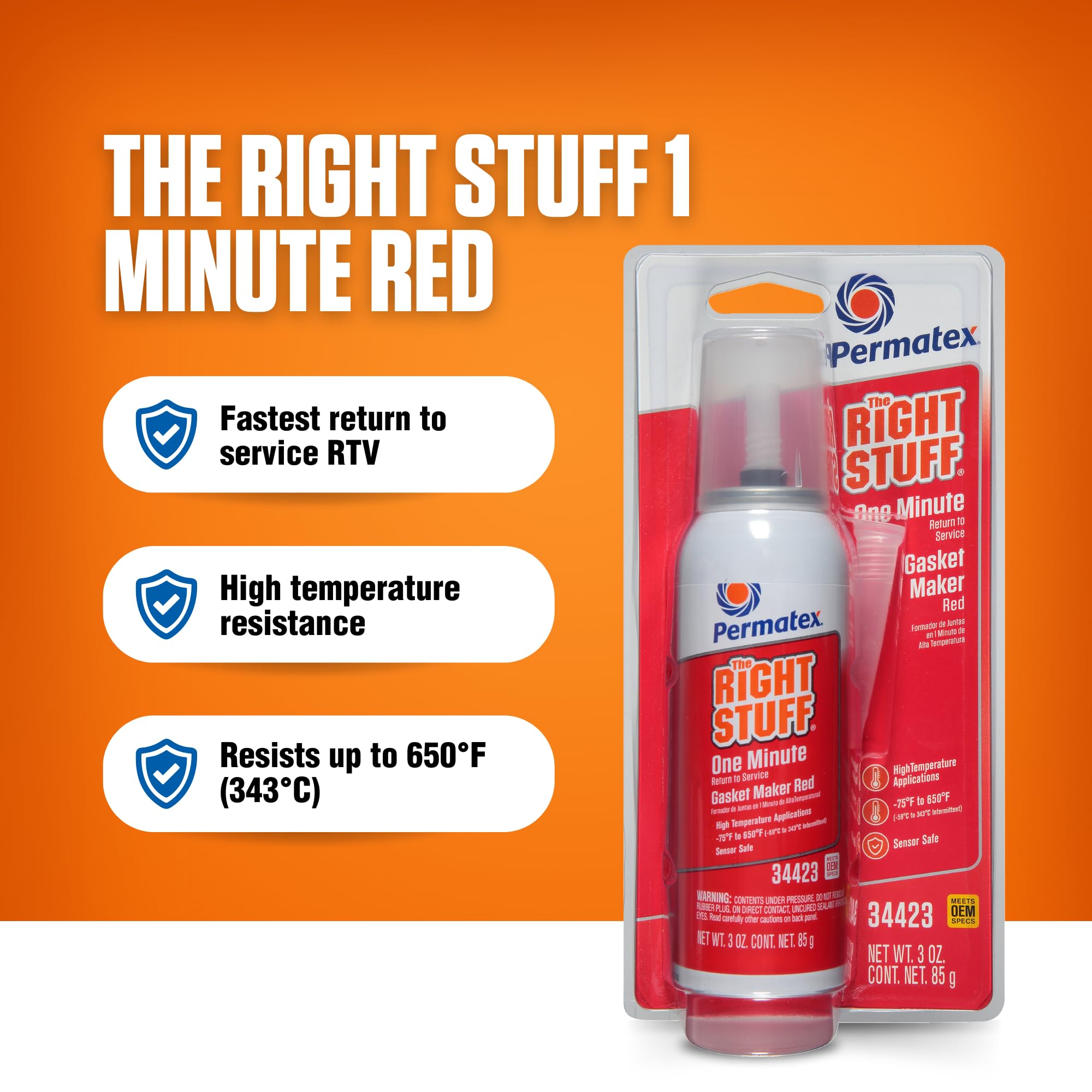 Permatex 34423 Right Stuff 1 Minute Red High Temperature Gasket Maker, 3 oz - Fast-Curing Automotive Sealant for Engines, Exhaust & High Heat Applications
