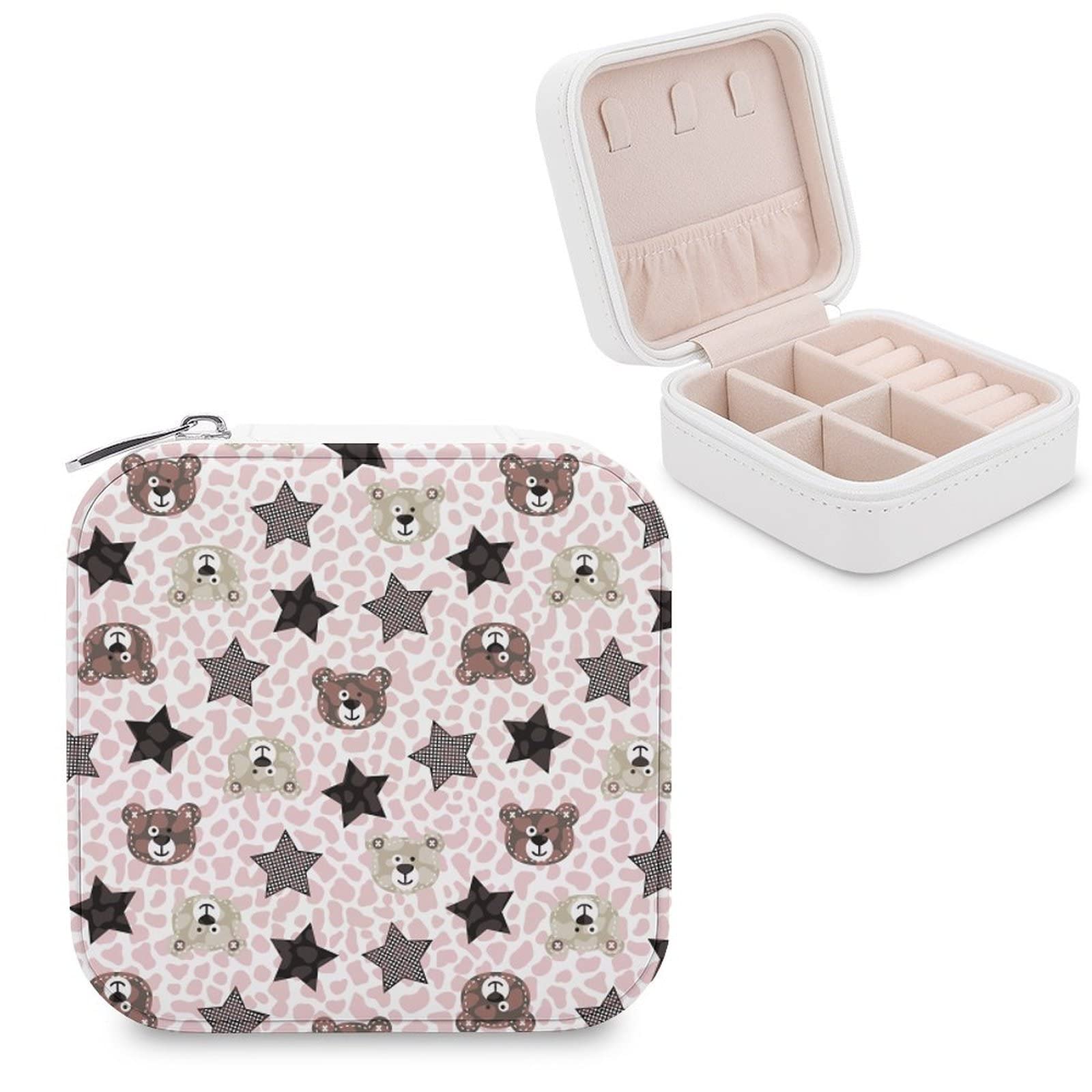 PU Leather Jewelry Box - Small Portable Travel Organizer for Rings, Earrings, Necklaces & Bracelets - Cute Bear Star Pink Leopard Print - Perfect for Travel, Gifts & Home Storage