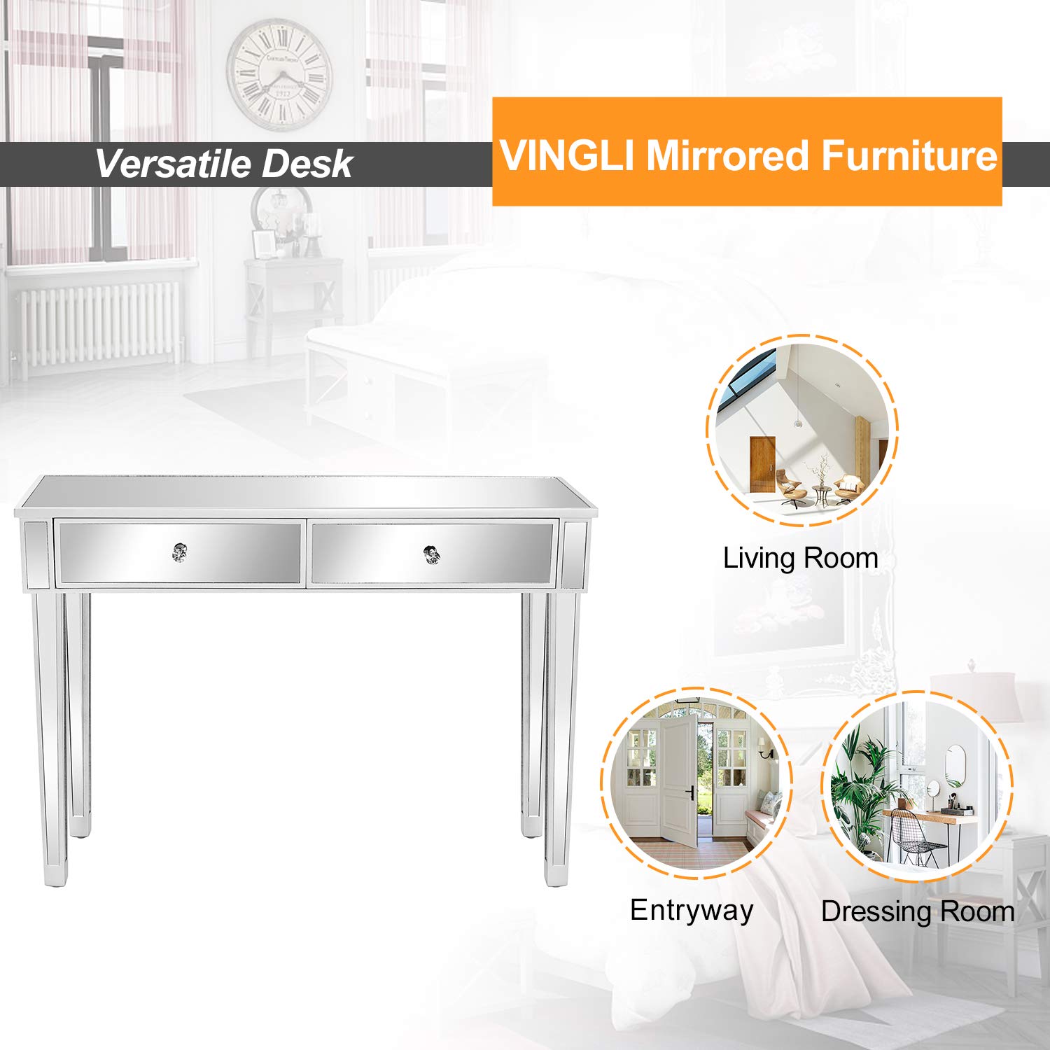 Bonnlo Modern Silver Mirrored Console Table with 2 Drawers - Entryway Hallway Sofa Table, Bedroom Desk & Living Room Furniture for Home Decor | Perfect for Foyers, Bedrooms & Behind Couches