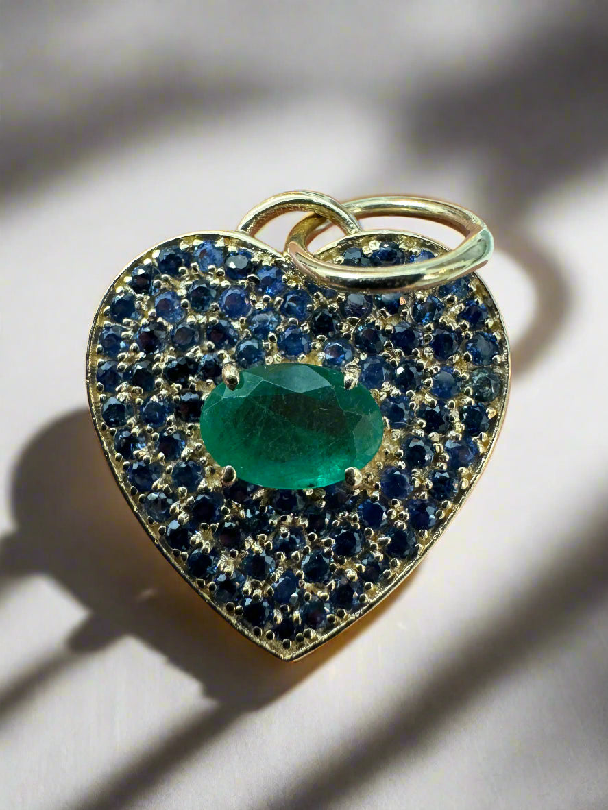 1.10tcw Genuine Emerald & Blue Sapphire Heart Charm Pendant in 14K Gold - Perfect for Valentine's Day Gifts, Anniversary Jewelry & Romantic Occasions