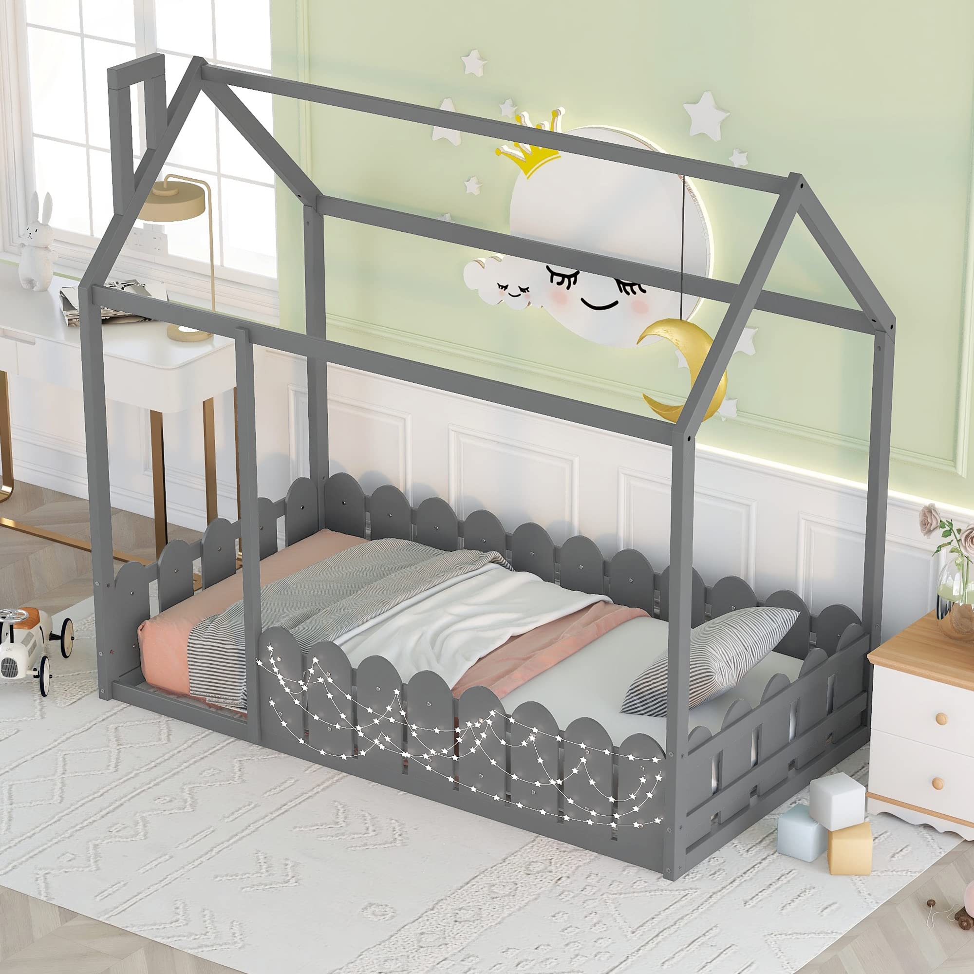 Harper & Bright Designs Twin House Bed Frame for Kids - Wooden Montessori Floor Bed with Fence-Shaped Guardrails - Toddler Bed for Boys & Girls in Grey - Perfect for Montessori Rooms, Kids Bedrooms & Safe Sleep Spaces