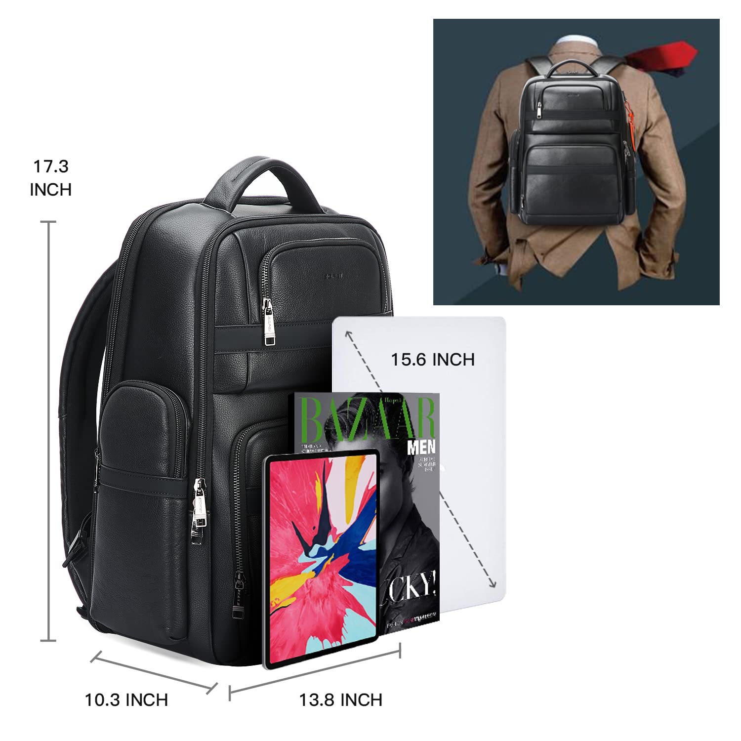 BOPai 40L Genuine Leather Business Laptop Backpack for Men - Anti-Theft USB Charging Large Capacity Travel Backpack for 15.6 Inch Laptop - Perfect for Office, Work Commute & Business Trips