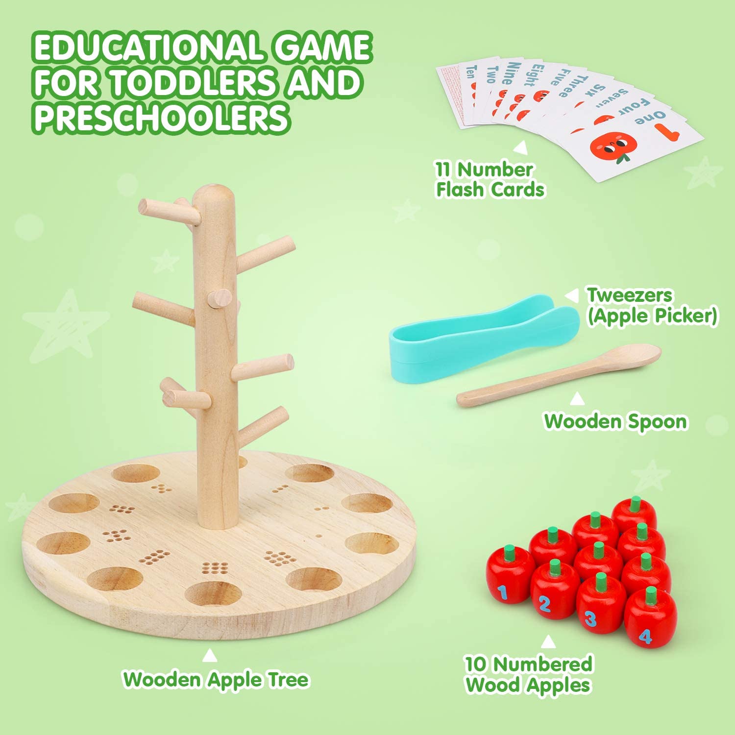 Montessori Math Toy Tree for Kids 3-6 - Counting Game with Tweezer & Spoon for Preschool Learning