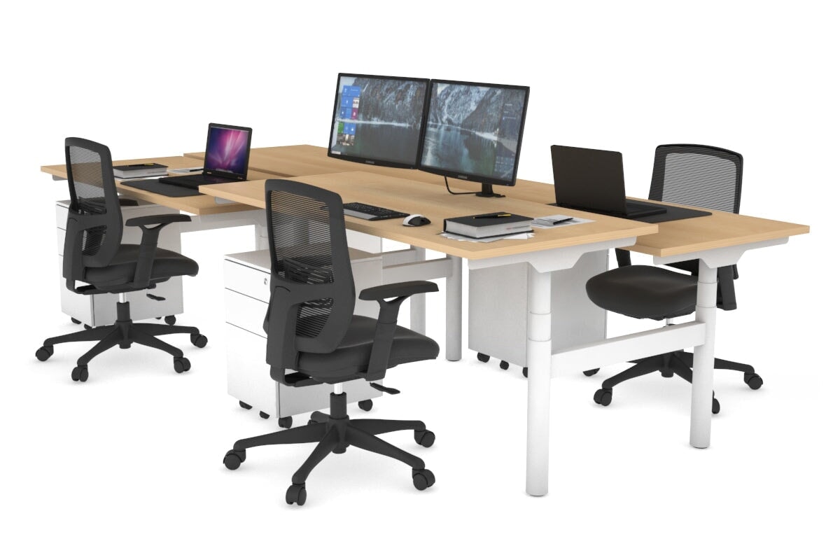 Flexi Premium Height Adjustable 4-Person H Bench Workstation - White Frame [1400L x 700W] - Ergonomic Office Desk for Collaborative Workspaces & Coworking Environments