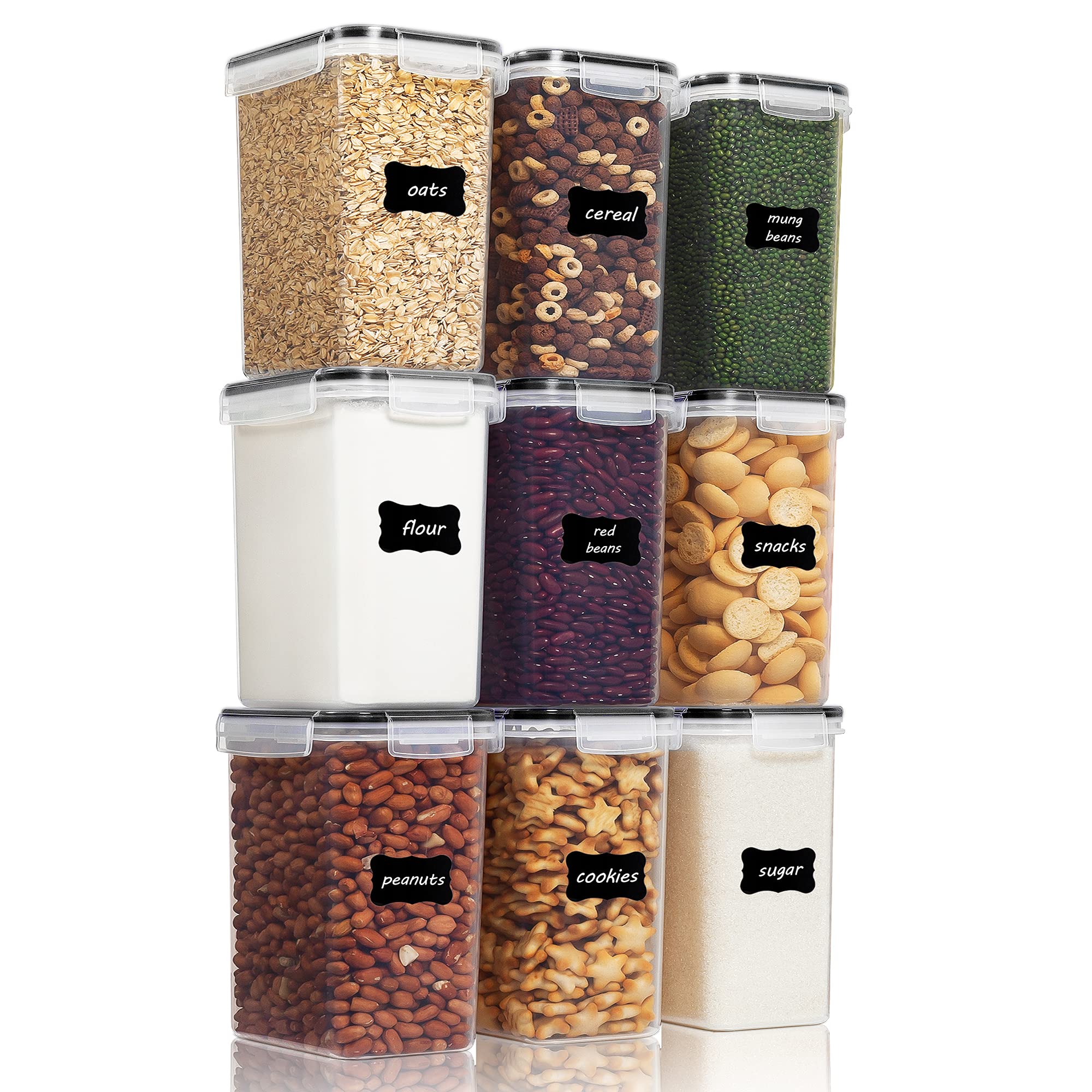 Vtopmart 9-Piece Airtight Food Storage Containers Set with Lids - BPA Free Plastic Kitchen Pantry Organizers for Flour, Cereal & Dry Food - Includes 2L Containers & 24 Labels (Black) - Perfect for Meal Prep, Baking & Pantry Organization