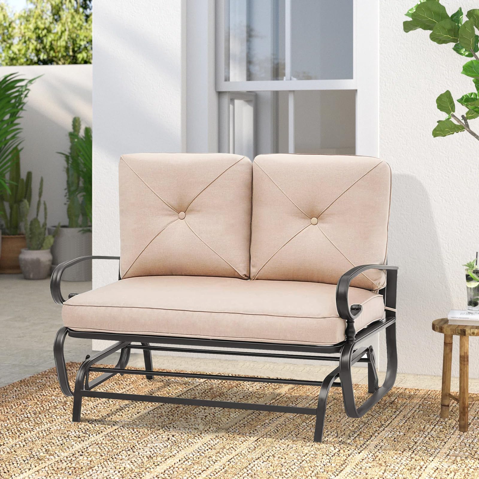 Outdoor Glider Rocking Bench for 2 Person - Steel Frame Patio Loveseat with Weather-Resistant Cushions - Perfect for Garden, Yard, Porch & Backyard Relaxation (Brown)