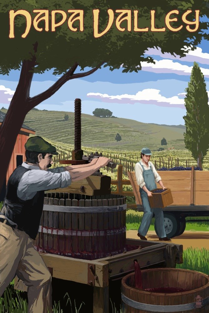 Napa Valley California Wine Grape Crushing 24x36 Signed Art Print - Vineyard Wall Decor Poster for Home, Office & Wine Cellar