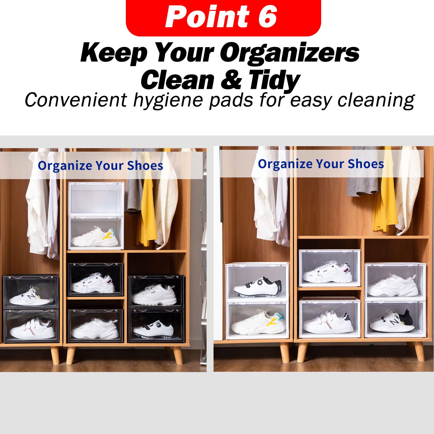 Letusto Premium Clear Plastic Shoe Storage Boxes - 6 Pack Stackable Sneaker Display Cases with Lids, Hygiene Pads & Shoe Shapers (Orange) | Perfect for Sneaker Collection, Closet Organization & Shoe Protection