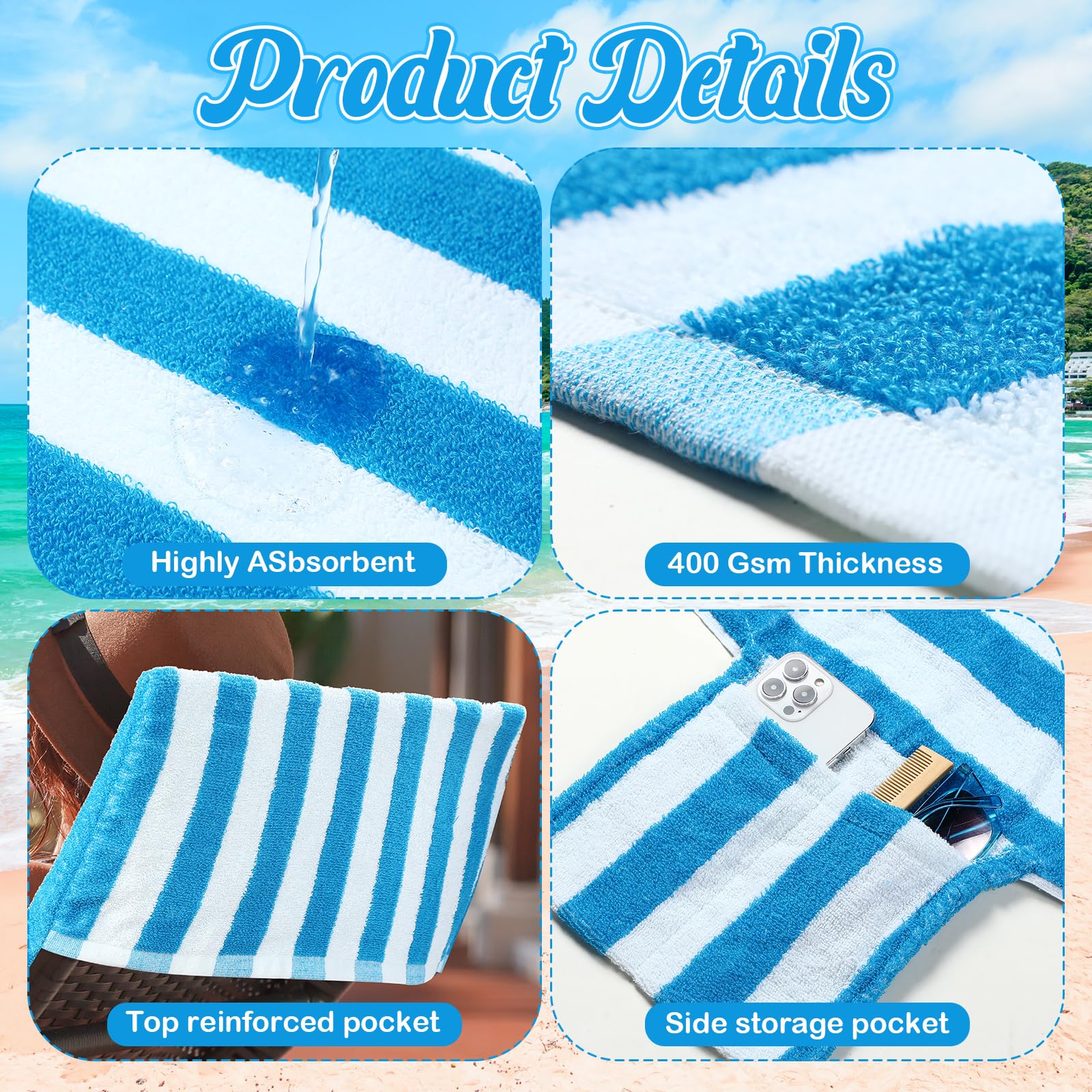 6-Piece Striped Lounge Chair Towel Covers 30x85 Inch - Large Pool Chaise Cushion Covers with Top & Side Pockets - Waterproof Outdoor Furniture Protector for Beach, Poolside, Patio (Blue) - Perfect for Summer Relaxation by the Pool or Seaside Lounging