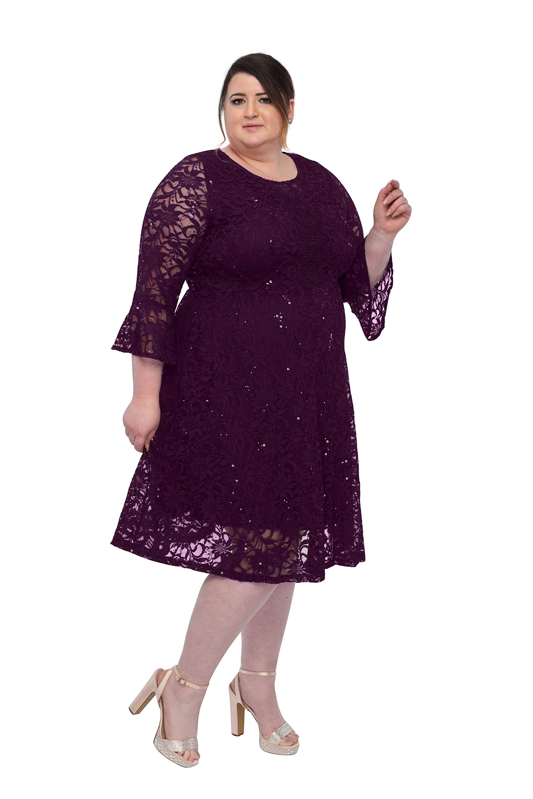 SLEEKTRENDS Plus Size Lace Cocktail Dress for Women | Elegant Crew Neck Wedding Party Bridesmaid Dress | Perfect for Evening Events, Bridal Showers & Special Occasions
