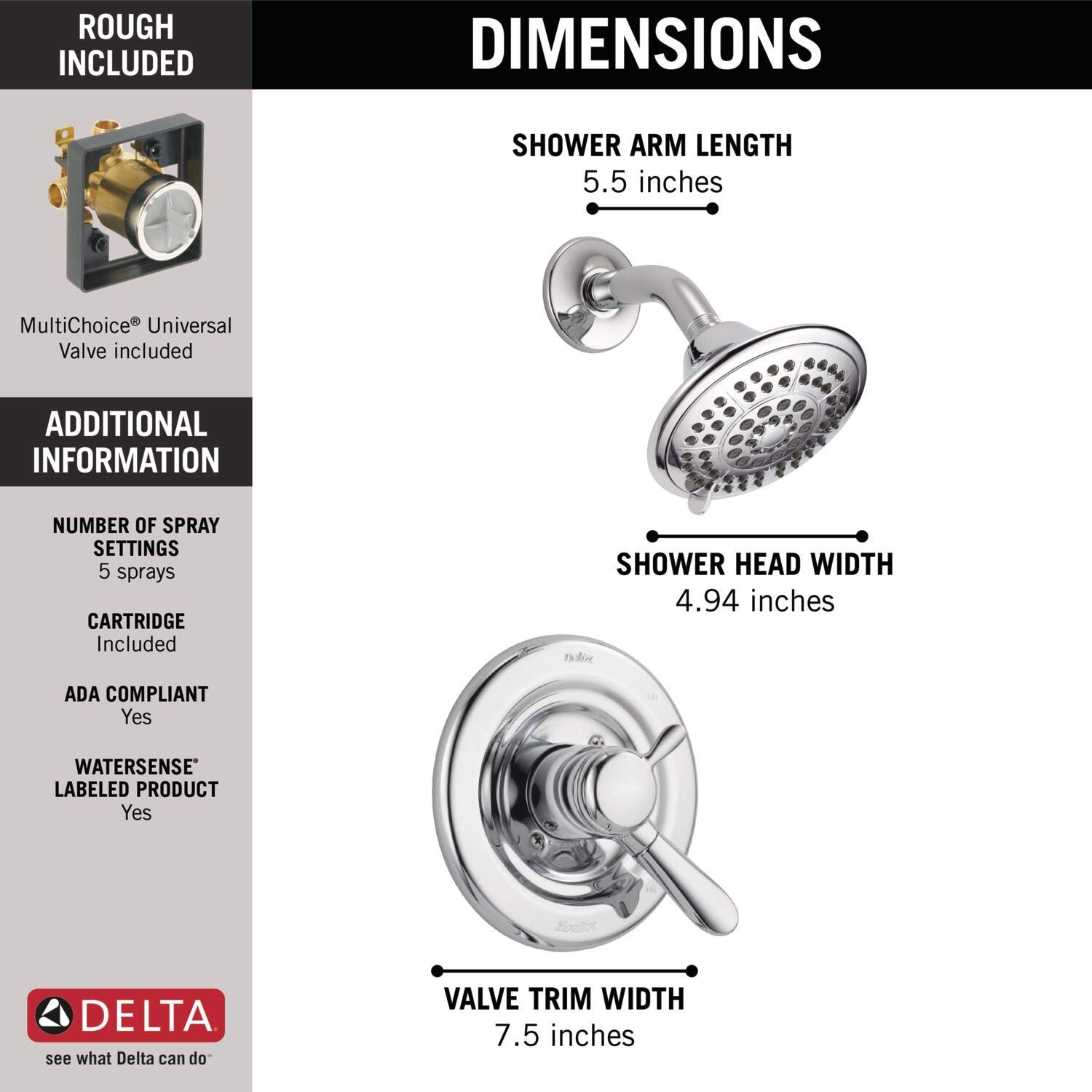 DELTA Lahara 17 Series Chrome Shower Trim Kit with 5-Spray Touch-Clean Shower Head & Valve - T17238 - Perfect for Bathroom Remodeling & Luxury Spa Experience