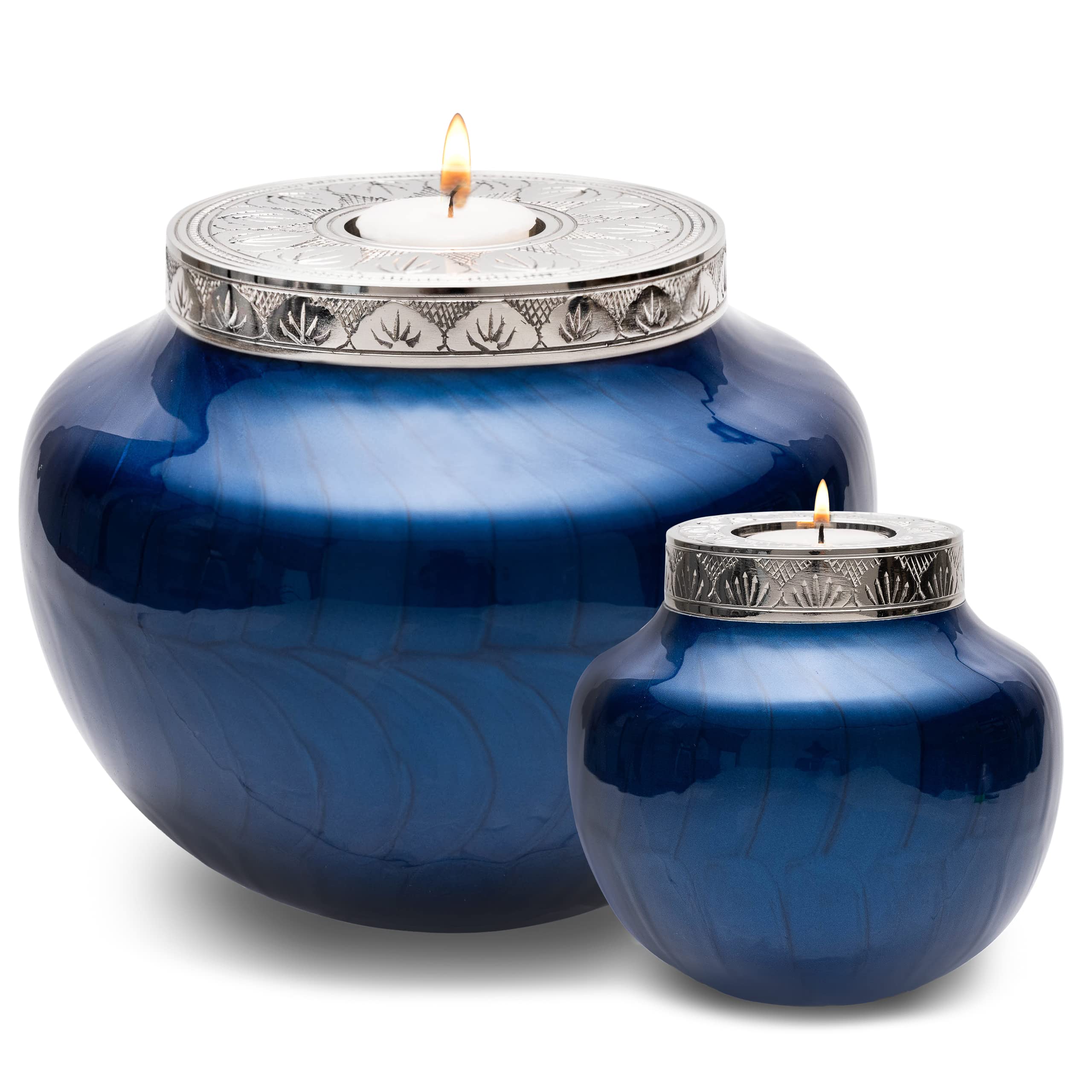 Set of 2 Cremation Urns for Human Ashes - Large Adult Urn & Small Keepsake Urn with Candle Holder - Dark Navy Blue with Silver Lid - Memorial Urns for Sharing Ashes with Family - Perfect for Home Memorials, Funeral Services & Honoring Loved Ones