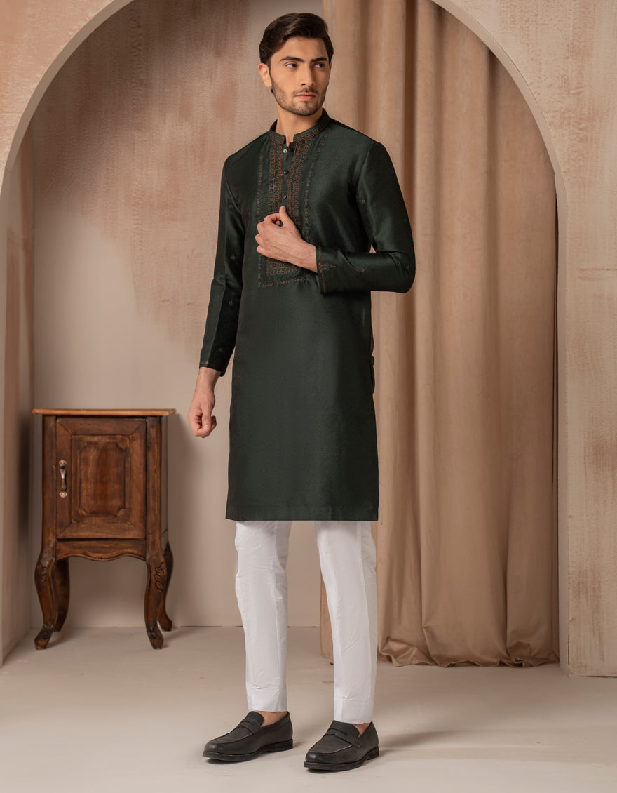 Blended Emerald Green Special Kurta by J. Junaid Jamshed - Elegant Pakistani Traditional Wear for Festivals, Weddings & Special Occasions